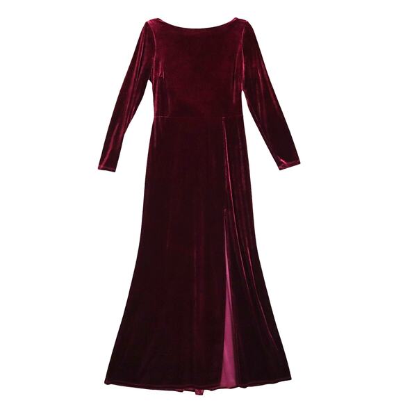 Rebecca B Womens Red Velvet Maxi Dress Size 12 Elegant Open Drape Back Leg Slit - Picture 1 of 13